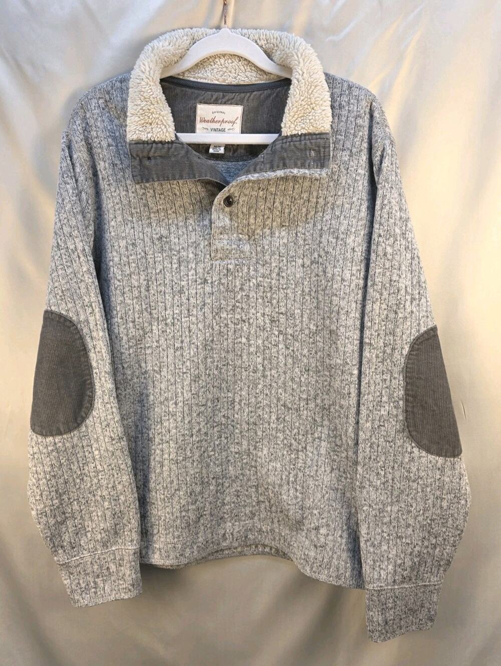 Weatherproof Vintage Men's Medium Marled Gray Pullover Sweater Sherpa Collar